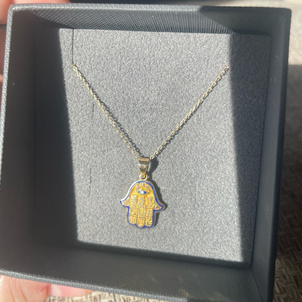 14k Solid Gold with Blue Enamel Hamsa with Evil Eye Necklace